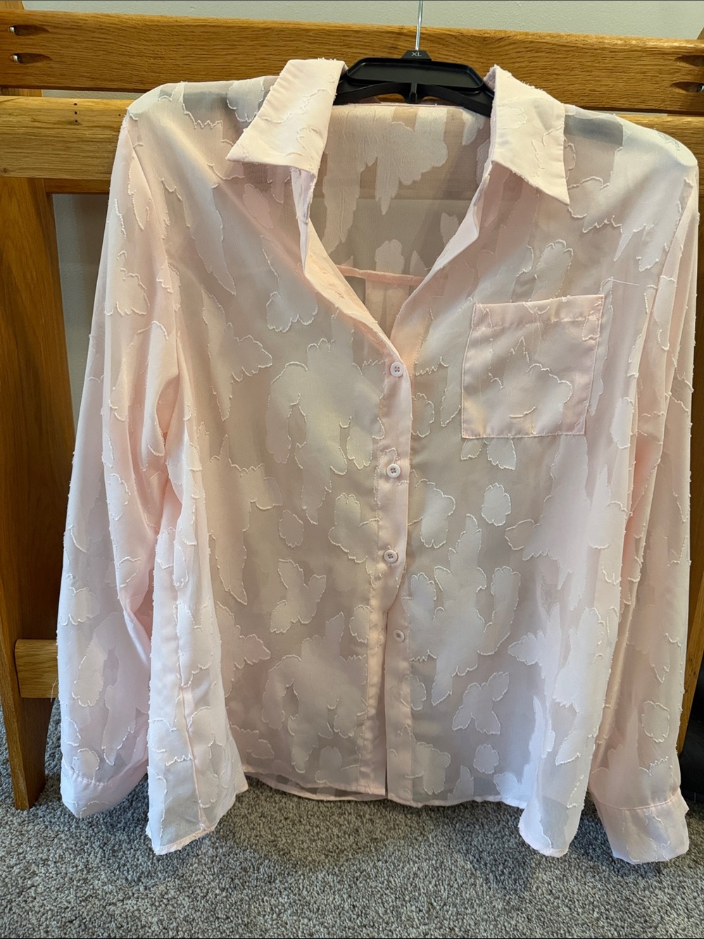 Light Pink Sheer Button-Down Blouse with Subtle Floral Texture